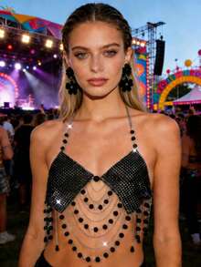 1pc Gothic Style Sexy Black Metal Tassel Chain Body Necklace, Luxury Chest Chain, Fashion Statement For Music Festival, Carnival, Party - Black - View 2