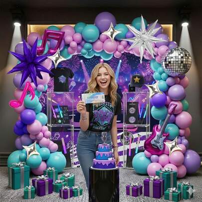 Este conjunto de decoración de arco de globos con temática de K-POP "Music Hunter" contiene 144 piezas, incluyendo globos de película de poliéster con forma de estrella disco con símbolos musicales. Es adecuado para fiestas de cumpleaños, eventos de música Y2K, bailes de graduación, decoraciones de bandas, despedidas de soltero/soltera, fiestas de fans de películas/programas de televisión y otras ocasiones con temática de K-Pop.