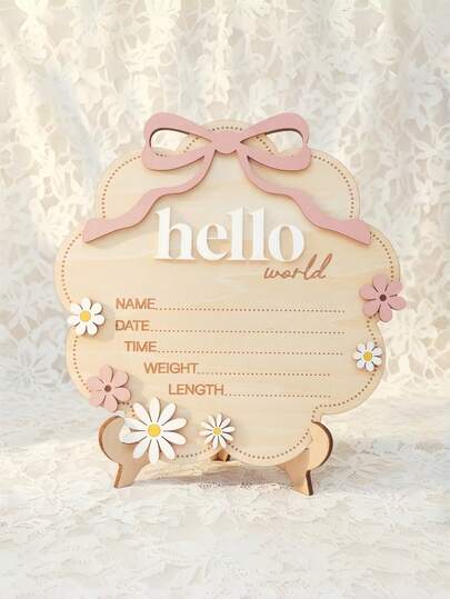 Baby Shower Party Supplies, Baby Essentials, Pregnancy Announcement, Newborn Baby Girl, "Hello World" Wooden Baby Birth Announcement Plaque With Pink Bow, Cloud Shaped Floral Newborn Name Date Time Weight Length Board, Baby Girl Nursery Photo Prop (Light Pink)