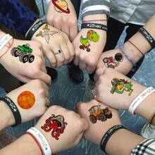 50张可爱3D卡通临时纹身贴纸，男女老少皆宜，派对装饰套装，恐龙、太空海盗、推土机、工程车等图案，趣味小纹身贴纸装饰 - 彩色 - 查看 3