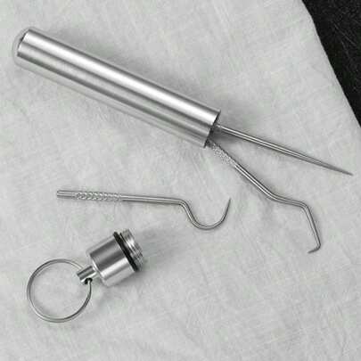 三合一不锈钢可重复使用牙签套装，带收纳盒，方便旅行和户外活动使用。