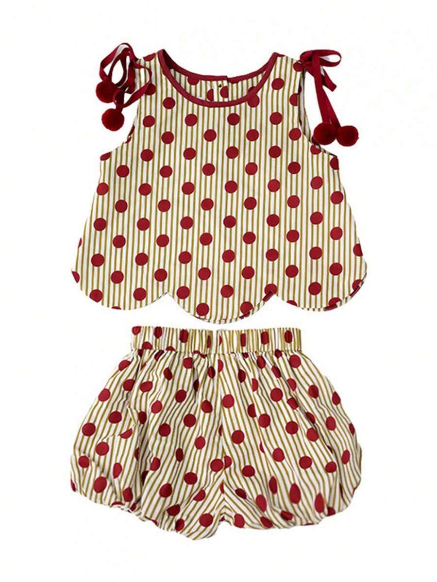 Toddler Girls 2 Piece Outfits Sleeveless Crew Neck Polka Dot Print Tank Tops Lantern Shorts Set Cute Summer Clothes - Red - View 1
