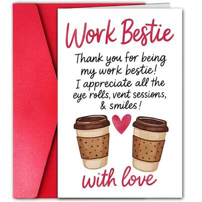 1pc "Work Bestie" Thank You & Birthday Card With Envelope - Coffee Design Appreciation Card For Coworker Colleague, Funny Office Gift, Blank Inside