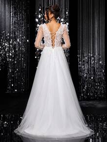 Vestido de novia de manga larga con cuello en V, parche de lentejuelas de unicolor y empalme de malla - Blanco - Ver 2