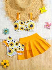 Girls' Bikini Set With Sunflower Print, Ruffle Straps + Swim Skirt, 3pcs, Perfect For Beach Vacation - 黃色 - 查看 1