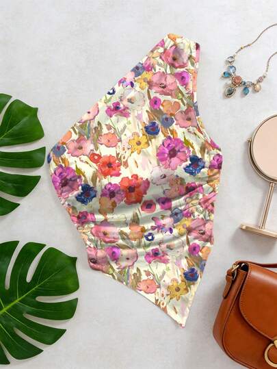 女士不对称荷叶边下摆印花无袖上衣，适合夏季海滩、日常穿着和度假