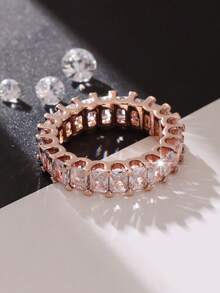 1 pieza Anillo elegante y brillante de una sola hilera con circonitas cúbicas sintéticas cuadradas para mujer, ideal para uso diario y ocasiones especiales. Un regalo perfecto para el Día de San Valentín, cumpleaños, Navidad y aniversario. - Oro rosa - Ver 2
