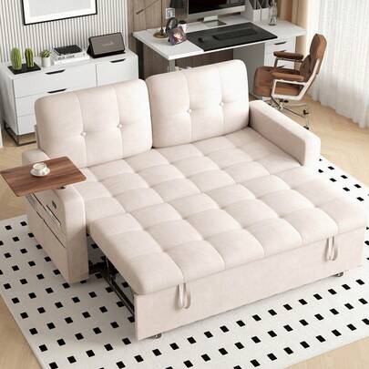 Sofa Bed Double, 3-In-1 Convertible Fabric Pull Out 2 Seater Sofa With Swivel Removable Side Table, 5-Position Adjustable Backrest And Side Pockets For Living Room, Guest Room, Beige