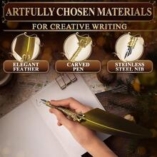 Feather Quill Pen And Ink Set – Stand & Gift Box, Golden Writing Quill And Ink Set With 5 Nibs, Patterned Anti-Slip Grip – Stainless Steel Dip Pen For Signing & Writing | Calligraphy Gift - Gold - View 4