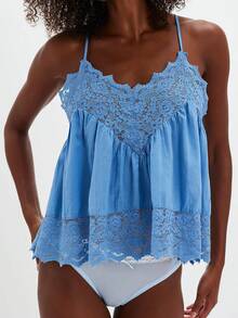 Women Camisoles Lace Spaghetti Strap Casual Tank Tops Summer Fashion Sleeveless Tops Streetwear - 藍色 - 查看 2