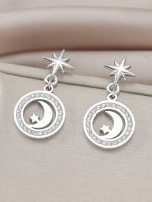 一对简约优雅的星月图案闪亮立方氧化锆不锈钢耳环，适合日常佩戴和开斋节佩戴。 - 彩色 - 查看 5
