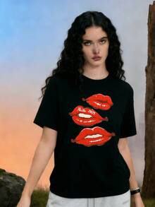 Camiseta de manga corta para mujer estilo casual de alta calidad hecha de algodon suave y transpirable diseño de labios rojos divertido y fashion para uso diario o fiestas camiseta básica de cuell - Negro - Ver 1