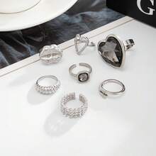 5pcs Set Of Exaggerated Black Heart Acrylic Rings, Metal Spiral Lip Rings, European And American Cross-Border Design - Silver - View 6