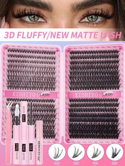 DIY睫毛嫁接套装，包含640根单根假睫毛、睫毛胶水、定型液、睫毛镊子、睫毛刷，可重复使用，适合圣诞节及其他场合。套装包含：睫毛嫁接胶水、睫毛、假睫毛等。