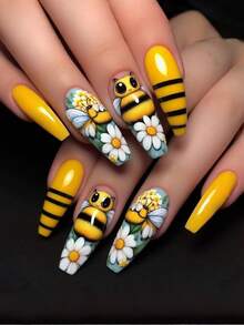 Summer Nails Y2k Yellow Cute Bee Flowers Press On Nails - Yellow - View 7
