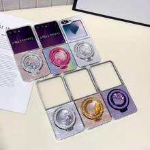 Galaxy Z Flip7/Z Flip6/Z Flip5/Z FE Folding Phone Case, Women's Fashion Cute Lightweight Protective Cover, Personalized Design, Electroplated Feather Pattern Glitter Kickstand Case, Suitable As Gift - Multicolor - View 2