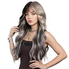 ROALYUV Inspired Silver Pink Highlighted Long Wavy Wig With Bangs For Women, 26.77 Inch (68CM) Multi-Layered Synthetic Wig With Face-Framing Curtain Bangs, Heat Resistant Adjustable Capless Cap, Wear & Go Airy Wig, Natural Hair Parting, Easy To Style For Daily Wear, Cosplay, Party & Halloween - Đánh dấu màu xám - Xem 2