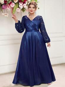 Vestido de fiesta maxi de satén con bloque de color, manga farol, cuello en V, volantes y encaje floral con lentejuelas, talla grande, adecuado para invitados de boda, baile elegante, cumpleaños, graduación, gala, regreso a casa en primavera - Azul Marino - Ver 4