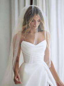 2 Tier Bridal Veil With Comb Handmade Beaded Wedding Veil For Bride Bridesmaid - White - View 2