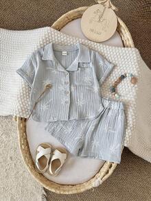 2pcs/Set Baby Boy Coconut Tree Print Cotton Shirt + Shorts Set, Spring/Summer - Dusty Blue - View 4