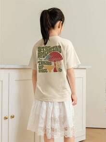 Tween Girls Students Casual Printed Round Neck Short Sleeve T-Shirt, Summer Top - Apricot - View 2
