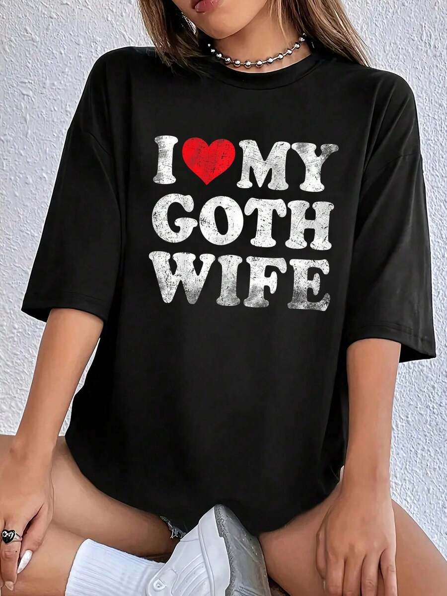 100% Cotton Unisex 1pcs - I Love My Goth Wife Funny Valentine's Day T-Shirt - Women's Breathable And Comfortable Round Neck T-Shirt 230g - 黑色 - 查看 1