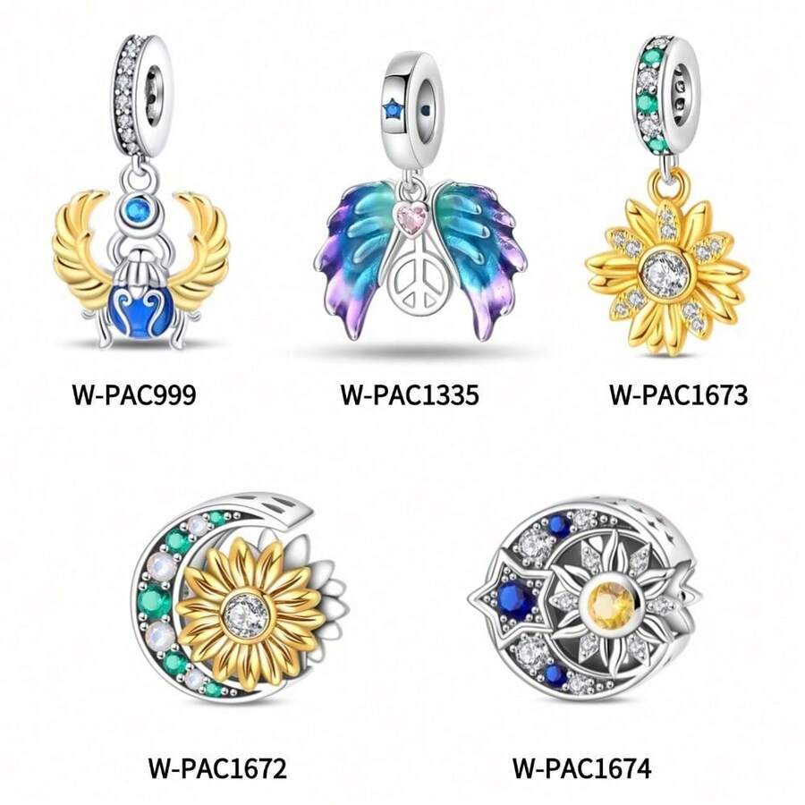 1 Piece Silver Plated Sacred Beetle, Guardian Wings, Sunflower Pendant, Sunflower Under The Moon Beads, Vast Star Bead Charm Strand For Original Snake Bracelet Necklace Bracelet Beading DIY Jewelry Making Luxury Girlfriend Gift - Multicolor - View 1