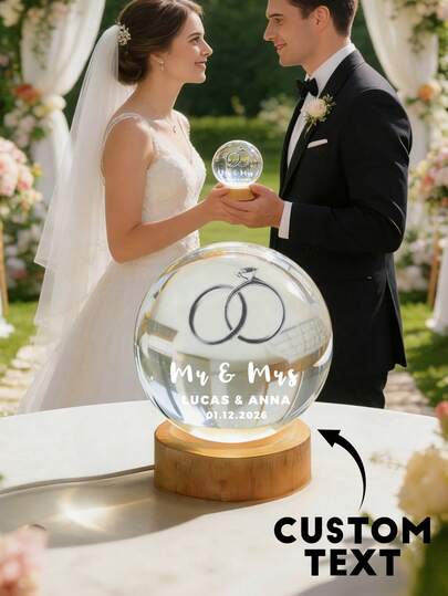 1pc טבעות נישואין מותאמות אישית מנורת כדור בדולח, עיצוב טבעות שלובות אישיות כדור בדולח, מנורת כדור בדולח עם שם ותאריך מותאמים אישית לזוג, מזכרת רומנטית ליום נישואין לזוג, כדור בדולח לחתונה לעיצוב הבית, סן, פריטי חתונה