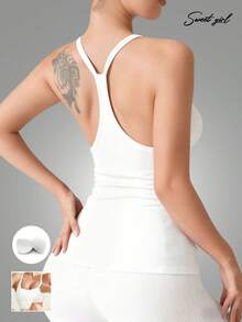 4-Season Versatile U-Neck White Backless Camisole, Fitted Breathable Outer/Inner Wear, Fashionable Racerback Sleeveless Top With Chest Pads, Casual Sports Tank - White - View 7