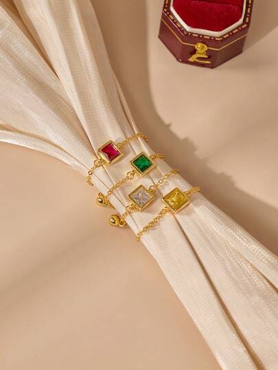 1/4pcs Cubic Zirconia Link Chain Ring With Dangle Beaded Ball , Vintage Adjustable Band Birthstone Ring , 18k Gold Plated Ring , Fashion Jewelry Gifts For Valentine's Day Birthday, 4 Colors Options , Excluding Box