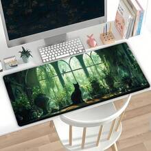 1pc Anime Cat Design Large Mouse Pad, Cute Cartoon Desk Mat With Stitched Edge, Non-Slip Rubber Bottom, 35.4x15.7 Inch, Home Office Accessory, Friend & Back To School Gift - Green - View 3