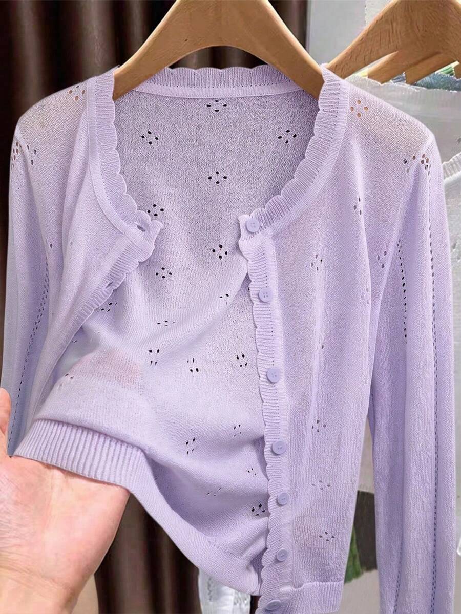 GIGOGOU Áo khoác cardigan dệt kim mỏng nhẹ dành cho nữ, tay dài, thoáng khí, thích hợp cho mùa xuân/hè. - Màu tím hoa cà - Xem 1