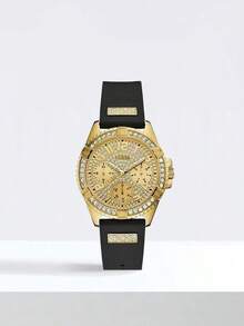 Guess 女士金色腕表，黑色硅胶表带，镶钻表圈，多功能表盘，奢华钻石石英腕表，时尚珠宝礼品 - 黃金 - 查看 1