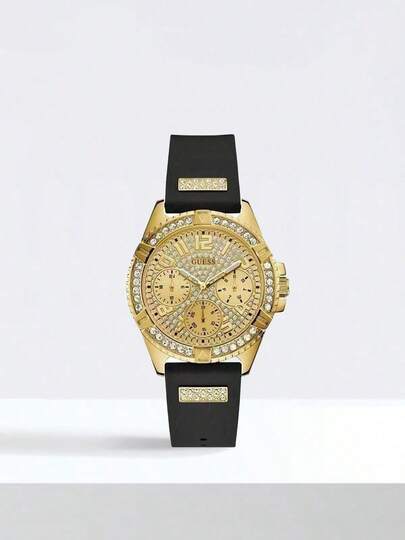 Guess Women's Gold-Tone Watch, Black Silicone Strap, Crystal-Encrusted Bezel, Multi-Function Dial, Luxury Diamond Quartz Wristwatch, Fashionable Jewelry Gift