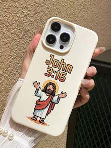 1 pieza Funda para iPhone15 Pro Max/14 Pro/13 Series, Funda protectora con textura de cuero beige, estilo de píxeles con impresión del versículo bíblico "Juan 3:16", diseño de fe retro a prueba de golpes, funda de moda personalizada de nicho - Beis - Ver 3