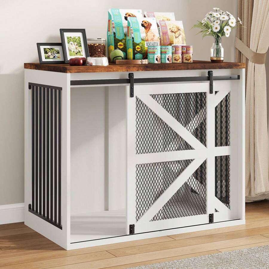 43In Farmhouse Dog Crate Furniture - Spacious For Large Dog, Sliding Metal Mesh Door, 2 Lockable Doors - Màu trắng - 43 inch - Xem 1