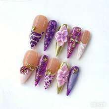 Sems 10pcs Medium Stiletto Shaped Handmade Nail Tips, Y2K Baddie Style Ethereal Nails , Ethereal Style,Available In 3D Flowers And Polka Dot Patterns Design. Adorned With Rhinestones. This Nail Art Is Perfect For Women And Girls, Ideal For Parties And Everyday Wear. The Set Includes Nail Tools. A Beautiful Gift And A Great Choice For Women And Girls - 彩色 - 查看 1