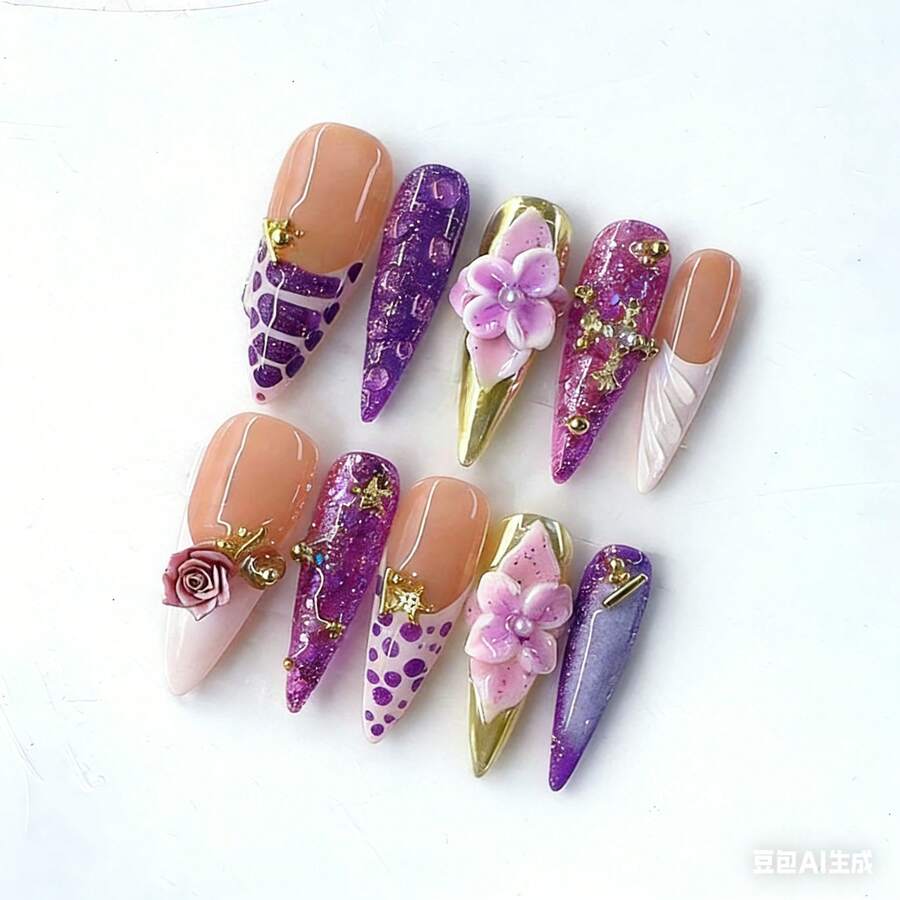 Sems 10pcs Medium Stiletto Shaped Handmade Nail Tips, Y2K Baddie Style Ethereal Nails , Ethereal Style,Available In 3D Flowers And Polka Dot Patterns Design. Adorned With Rhinestones. This Nail Art Is Perfect For Women And Girls, Ideal For Parties And Everyday Wear. The Set Includes Nail Tools. A Beautiful Gift And A Great Choice For Women And Girls - 彩色 - 查看 1