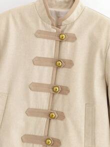 Chaqueta corta de botones de unicolor y estilo retro, adecuada para primavera y otoño - Caqui - Ver 3