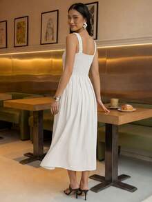 A&DD MODA, REF: MK09 - Women's Midi Dress With Elastic Straps And Pockets, Lightweight And Breathable Summer Dress Made Of Linen Fabric, Sweet And Slim Square Neckline, Sleeveless, Fitted Waist And A-Line Skirt, Suitable For Women. - 白色的 - 查看 6