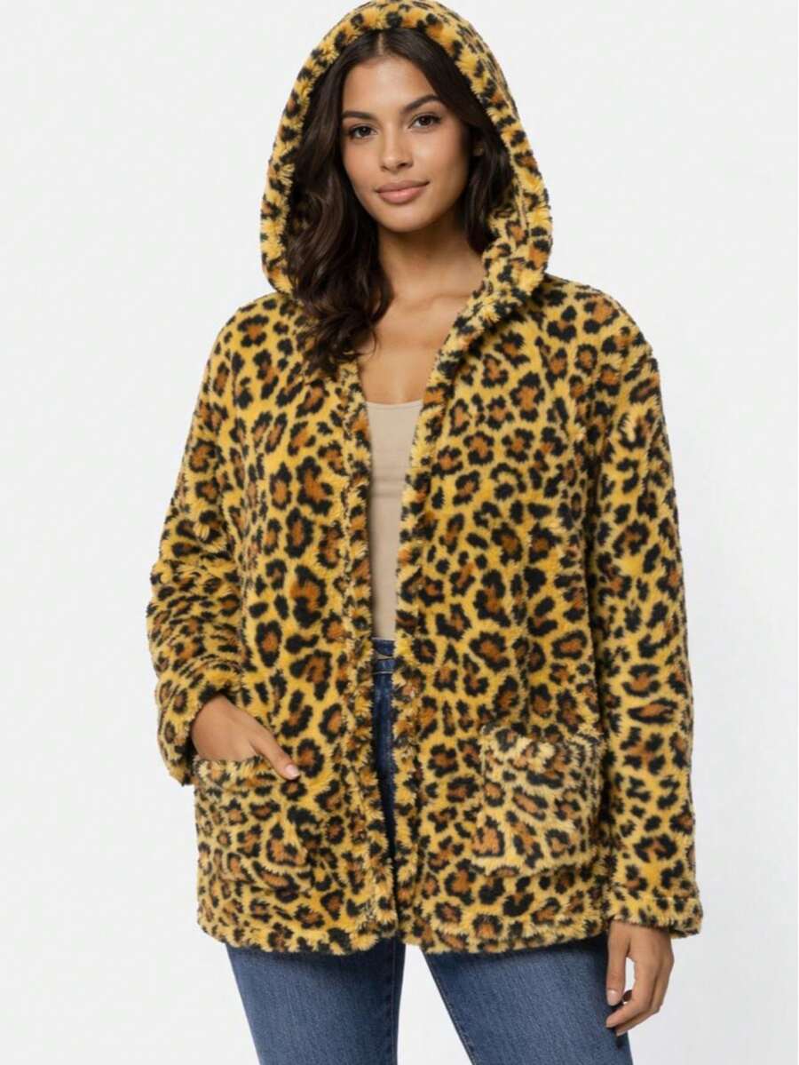 Women's Teddy Animal Print Hooded Jacket – Leopard Style With Fur Pockets - Everyday Wear - ONZA - Ver 1