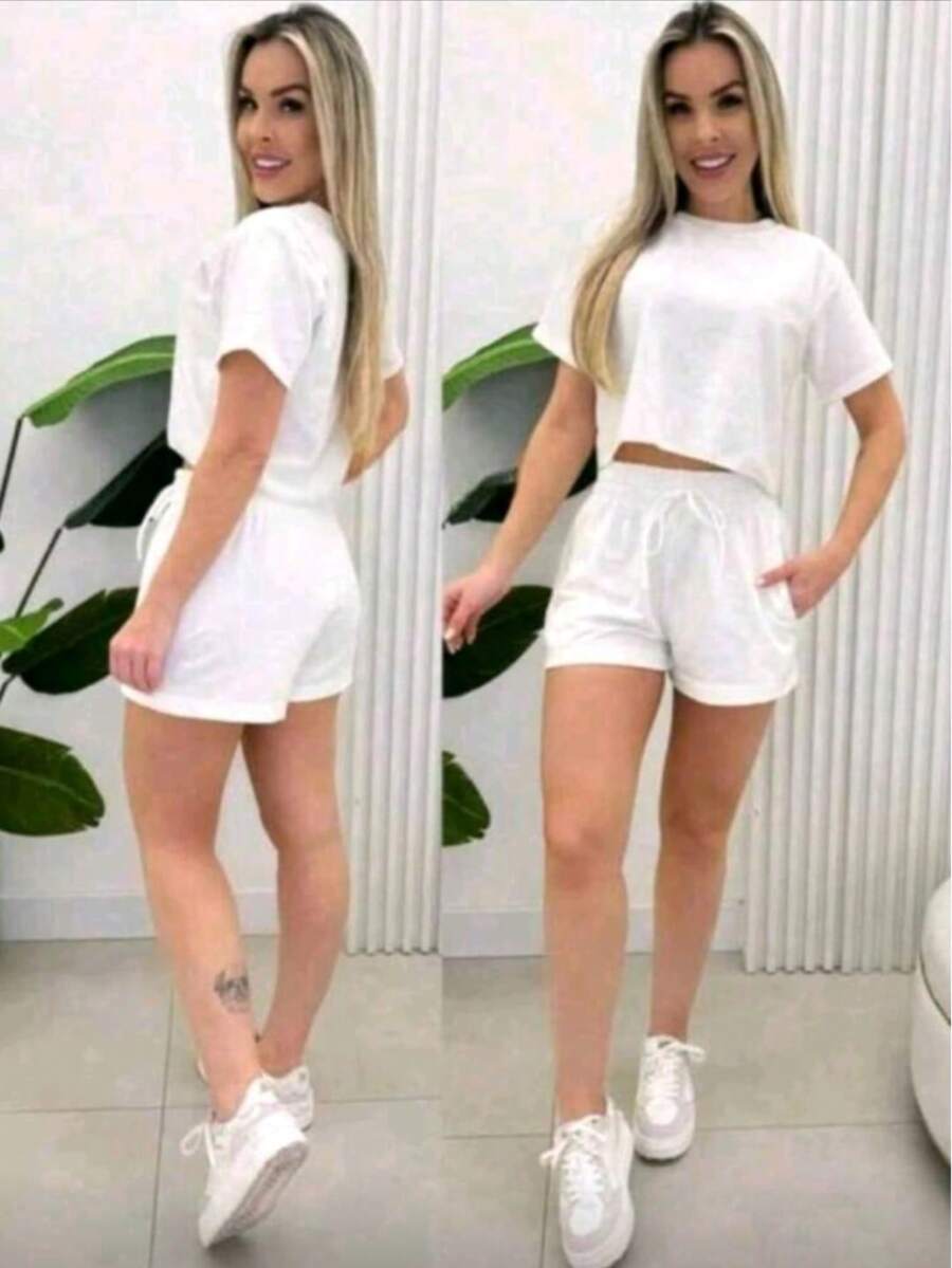 Cropped Top And Sweat Shorts Set, Comfortable Fit And Casual Style. - White - View 1