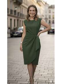 Women's Midi Dress With Elegant Side Tie 5001# - 軍綠色 - 查看 1