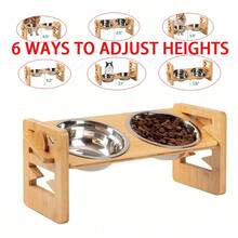 1pc Adjustable Height Raised Dog Bowl Stand - Sturdy Bamboo Dog Feeder With 2 Stainless Steel Bowls And Non-Slip Pads, Suitable For Small Dogs And Cats (Pet Feeding Station) - Multicolor - View 9