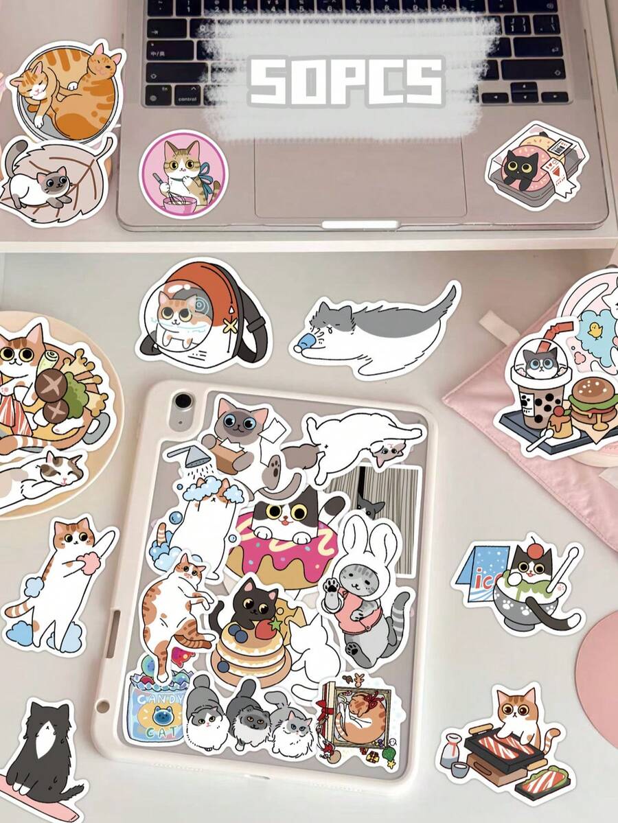 50pcs Love & Little Cats Stickers Cute Cartoon Chic For Journal, Phone Case, Tablet, Water Bottle, Desk, Luggage, Waterproof Decals - Multicolor - View 1