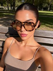 1副女士塑料豹纹几何全框高级感独特双梁设计装饰现代简约风格百搭时尚眼镜，适合女士作为节日礼物、节日装扮、家庭出游、夏季配饰、户外休闲活动。 - 彩色 - 查看 11