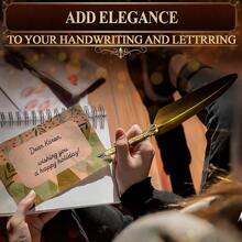 Feather Quill Pen And Ink Set – Stand & Gift Box, Golden Writing Quill And Ink Set With 5 Nibs, Patterned Anti-Slip Grip – Stainless Steel Dip Pen For Signing & Writing | Calligraphy Gift - Gold - View 7