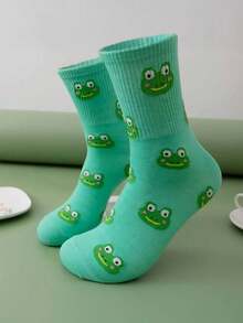 2 Pairs Frog Hatching Chick Pattern Mid-Calf Socks, Cute Cartoon Couple Socks, Breathable Moisture-Wicking - Multicolor - View 5