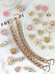 25pcs Pink & Gold Ballet Girl "LOVE" Hole Shoe Charms, Rhinestone + Pearl Material, Luxury Sweet Girl Style, Fit For Hole Shoes - Ballet Heart Lip Chain Set - View 8