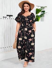 GoyRrbay Plus Size Women Floral Jumpsuit Tie Front Sweetheart Neck Long Pants Casual Romper - 黑色 - 查看 2